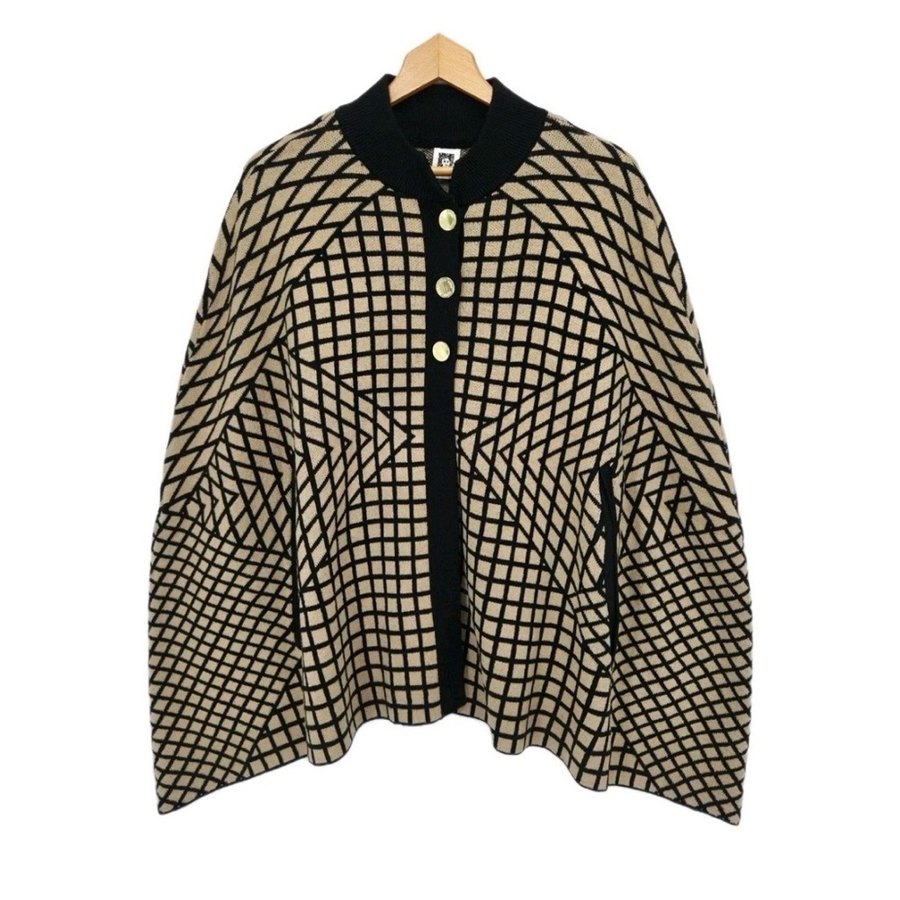 Anne Klein Geometric Patterned Black and Tan Sweater Cape XL NWT
